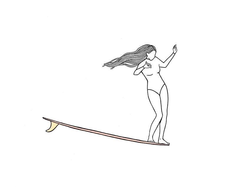 May include: Line drawing of a person surfing on a surfboard. The person is wearing a swimsuit and has long flowing hair. The surfboard is pink with a yellow fin. The background is white.