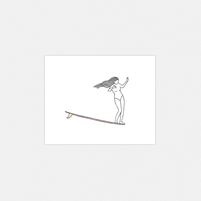 May include: Line drawing of a person surfing on a longboard. The surfer is wearing a swimsuit and has long flowing hair. The surfboard has a yellow fin. The background is white.