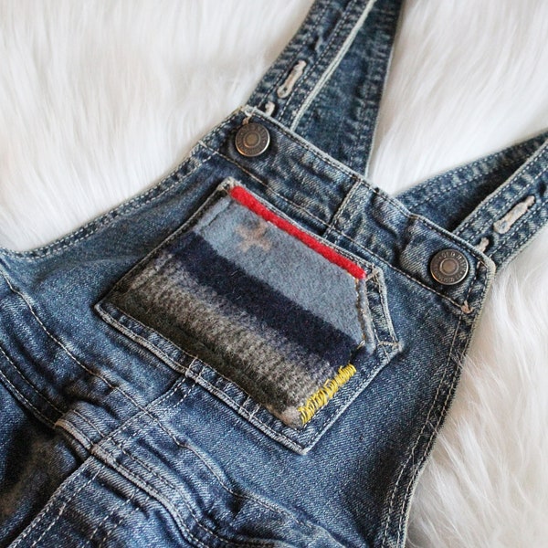 Upcycled Children's Denim Overalls with Pendleton Patch | kids overalls, children overalls, kids denim clothing, pendleton clothing