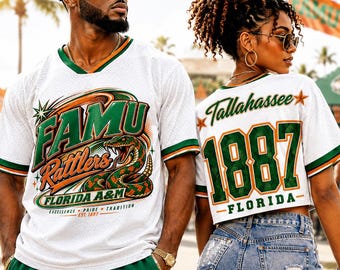 FAMU Vintage Mesh Football Jersey, Rattlers Lightweight Unisex Shirt, Full-Length or Crop Top, Orange Green College Game Day Classic