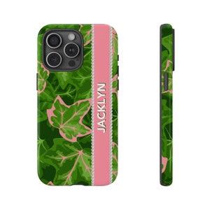 Gepersonaliseerde stoere telefoonhoes met klimop | Geïnspireerd door studentenverenigingen | iPhone en Samsung | Roze en groen telefoonhoesje | 1908 | Soror-cadeau