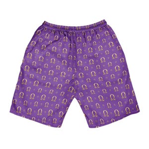 May include: Purple athletic shorts featuring an all-over repeating pattern of the Greek letter Omega in a metallic gold color. The shorts have an elasticized waistband and a loose, relaxed fit, showcasing a consistent print across the fabric.