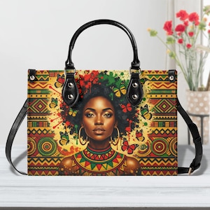 May include: A rectangular handbag with a black handle and shoulder strap. The bag features a vibrant design with a portrait of a woman with butterflies and colorful accents. The background has geometric patterns in red, yellow, and green.