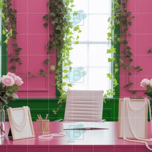 May include: A pink desk with a white office chair, two vases of pink roses, and two framed pearl necklaces. The background features pink walls, green trim, and ivy.