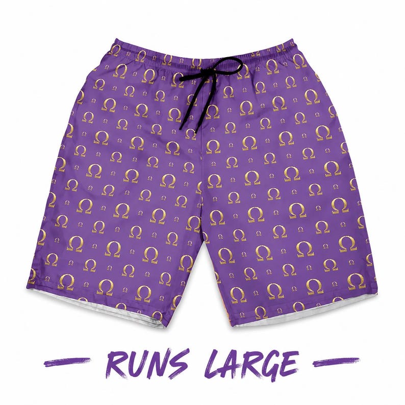 May include: Purple shorts featuring a repeating gold Omega symbol pattern throughout the fabric. The shorts include a black drawstring at the elastic waistband. Below the shorts, the text RUNS LARGE is printed in purple capital letters.