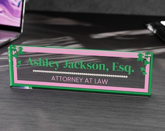 Personalized AKA Acrylic Desk Name Plaque – Office Name Plate with Title | Pink & Green Ivy Sign | Soror Gift, Alpha Kappa Alpha Gift