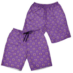May include: A pair of purple shorts featuring an all-over repeating pattern of gold-colored Greek omega symbols. The shorts have an elastic waistband with a black drawstring cord centered at the front for an adjustable fit and a loose leg cut.