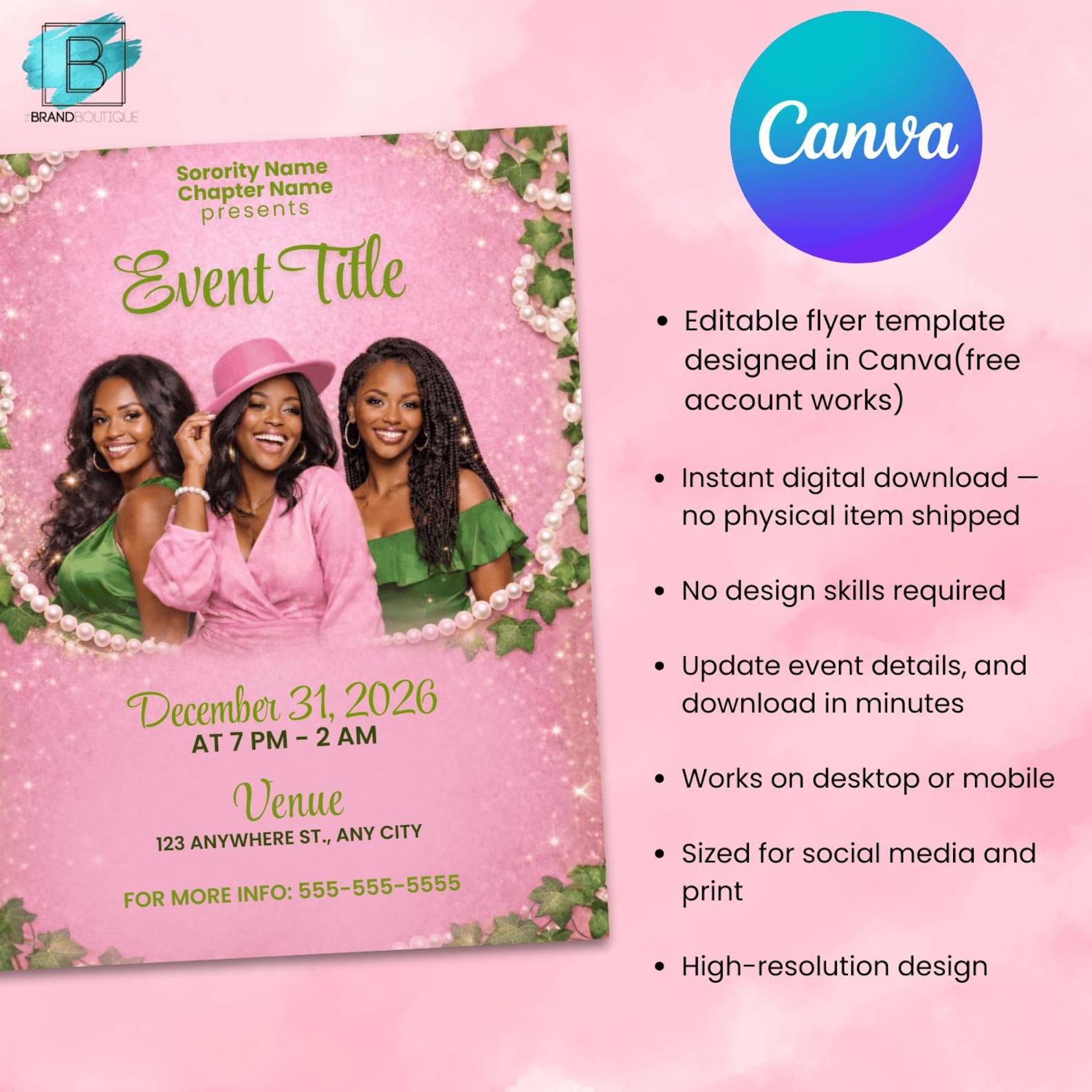 Pink and Green Event Flyer Template Editable in Canva | Sorority ...