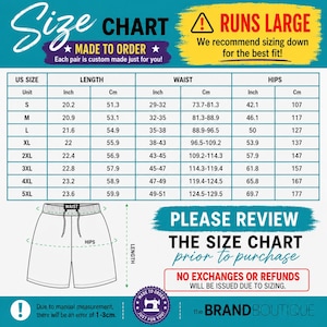 May include: A size chart for shorts featuring a table with US sizes S through 5XL, listing length, waist, and hip measurements in inches and centimeters. The graphic includes text stating RUNS LARGE, MADE TO ORDER, and PLEASE REVIEW THE SIZE CHART.