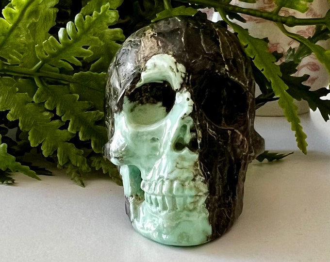 Amazing Variscite Artifactual Detailed Skull Carving