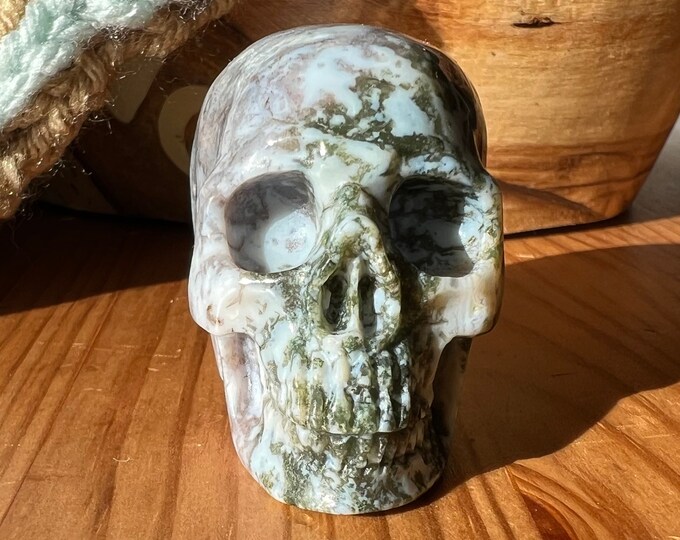 Moss Agate Skull, 2" , Exquisitely carved