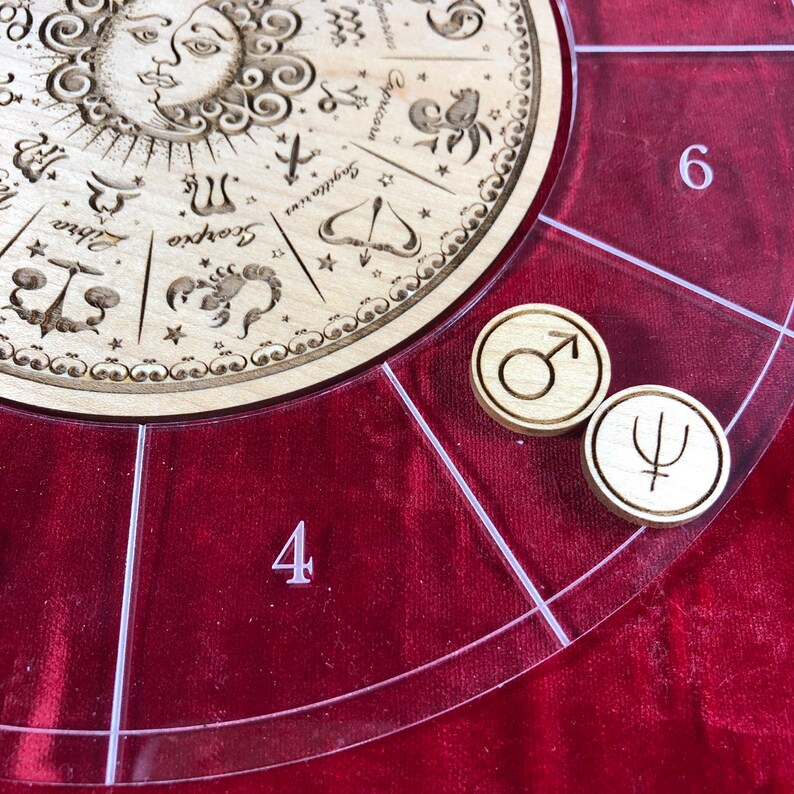K&ouml;nnte beinhalten: Ein Holzspielbrett mit einem kreisf&ouml;rmigen Zodiak-Design und einer transparenten Acrylabdeckung. Die Abdeckung hat die Zahlen 4 und 6 aufgedruckt. Zwei Holzmarker mit Symbolen befinden sich auf dem Brett.