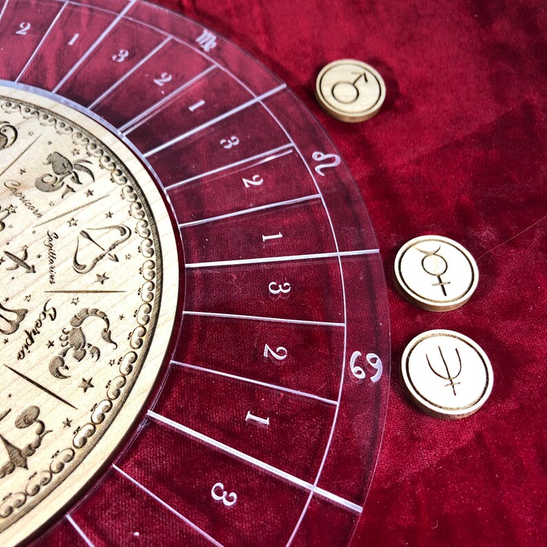 K&ouml;nnte beinhalten: Ein transparentes astrologisches Rad aus Kunststoff mit einem h&ouml;lzernen Tierkreisrad im Inneren. Das Rad zeigt die Tierkreiszeichen und die Zahlen 1, 2 und 3. Es gibt drei Holzmarker mit astrologischen Symbolen.