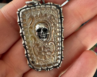 Carved Shell Skull Pendant: Gothic Floral .925 Sterling Silver