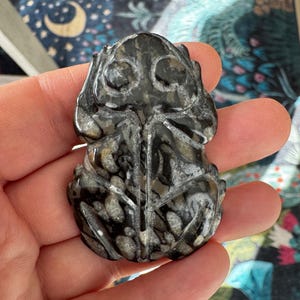 Könnte beinhalten: Schwarze und weiße geschnitzte Froschfigur aus Dendrit-Achat. Der Frosch sitzt mit den Beinen unter dem Körper. Der Achat hat ein natürliches Muster aus Dendriten, die wie Äste aussehen.