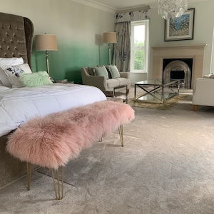 Bench - Mongolian Sheepskin / Tibetan Lamb Luxury Upholstery - Extra Large in BLUSH PINK with hairpin legs