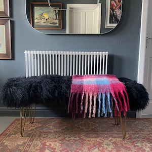 Bench - extra large Genuine Black Mongolian Sheepskin Upholstered Bench - 5 hairpin leg colours available