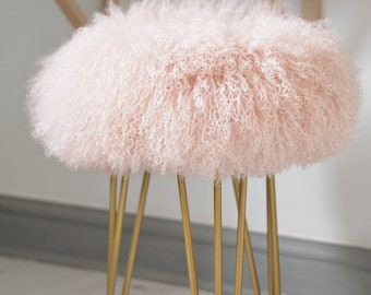 Handcrafted Blush Pink Mongolian Sheepskin Stool With Gold Legs - Etsy