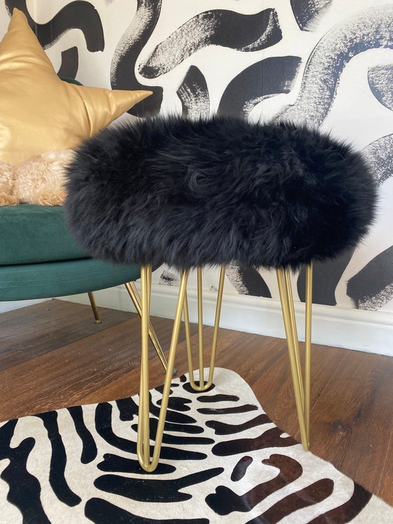 HANDCRAFTED Black Authentic Sheepskin Stool With Choice of 5 Metallic Hairpin Legs Etsy