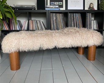 Bench - Mongolian Sheepskin / Tibetan Lamb Luxury Upholstery - with solid wood on trend cylindrical legs