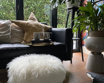 Mongolian Sheepskin Footstool: Round Pouffe with Brass Legs
