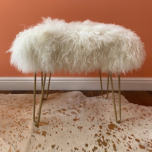 Console Stool / Bench Mongolian Sheepskin / Tibetan Lamb &#39;Almost Square&#39; luxury upholstery - 20 beautiful colours available