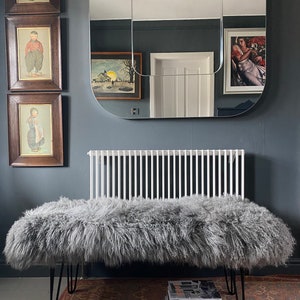 Bench - GREY extra large Genuine Mongolian Sheepskin Upholstery - Handcrafted - 5 hairpin leg colours available