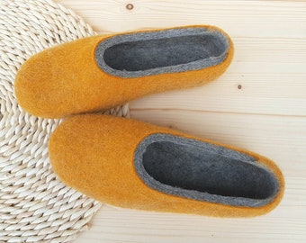 Felted slippers for women - grey / yellow home shoes - Natural woolen clogs - wool slippers - Bedroom slippers - handmade