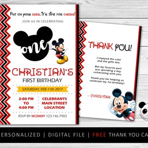 Mickey Invitations, Mickey Invitation, Mickey Invitation, Mickey Birthday,  Mickey Mouse Card, Mickey Printables + Thank You Card