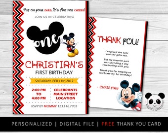 Zaproszenie urodzinowe z Myszką Miki, spersonalizowana kartka (do druku cyfrowego)