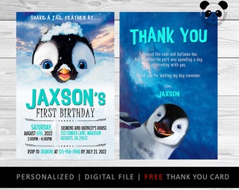 Zaproszenie urodzinowe Happy Feet, impreza pingwinów (plik do druku cyfrowego)