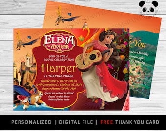 Spersonalizowane zaproszenie urodzinowe księżniczki Eleny, kartka z podziękowaniami (do druku cyfrowego)