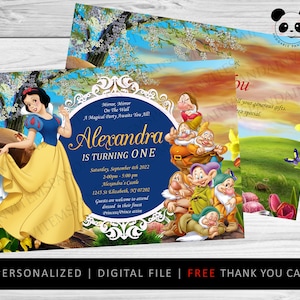 Invitación de cumpleaños de Blancanieves y siete enanas, Invitación de Blancanieves, Cumpleaños de Blancanieves, Imprimibles de Blancanieves + Tarjeta de agradecimiento