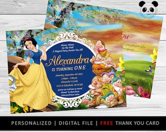 Spersonalizowane zaproszenie urodzinowe z motywem Królewny Śnieżki, kartka z podziękowaniami (plik do druku cyfrowego)