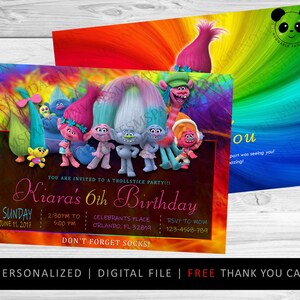 Trolls Verjaardagsuitnodiging, Trolls Uitnodigingen, Trolls Uitnodigingen, Trolls Printables + GRATIS Bedankkaart