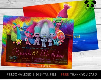 Spersonalizowane zaproszenie urodzinowe z motywem trolli, kartka z podziękowaniami (do druku cyfrowego)