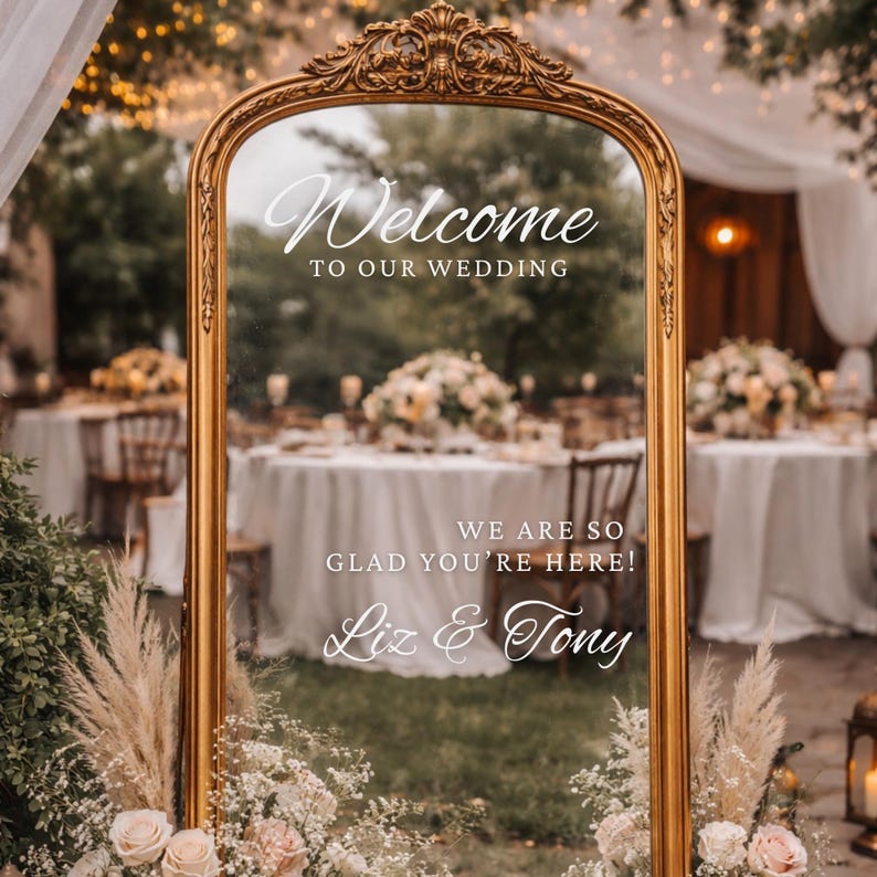 Wedding Mirror Decal, Custom Welcome Sign Sticker, Personalized Selfie Mirror Sign, Reception Entrance Decor, DIY Wedding Vinyl image 4