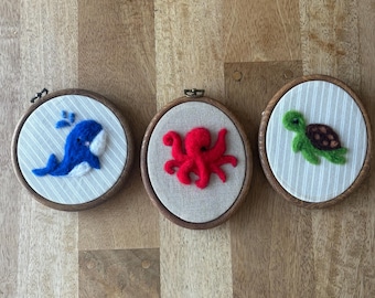 Sea Animal Felt Wall Art Set | Handmade Nursery Decor Bundle | Whale Octopus and Turtle Hoop Art | Baby Shower Gift