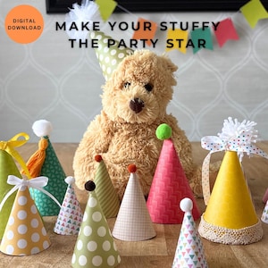 Molde para Chapéu de Festa de Pelúcia para Imprimir | Molde DIY para Chapéu de Aniversário de Bichinho de Pelúcia | Download de Artesanato para Chapéu de Festa de Ursinho de Pelúcia | 4 Moldes em Tamanhos Pré-definidos