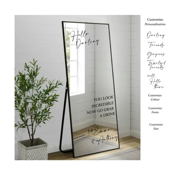 Wedding Mirror Decals | Hello Darling | Friends Family Gorgeous | You Look Incredible, Now Go Grab a Drink xo The Host Names/DECALS ONLY