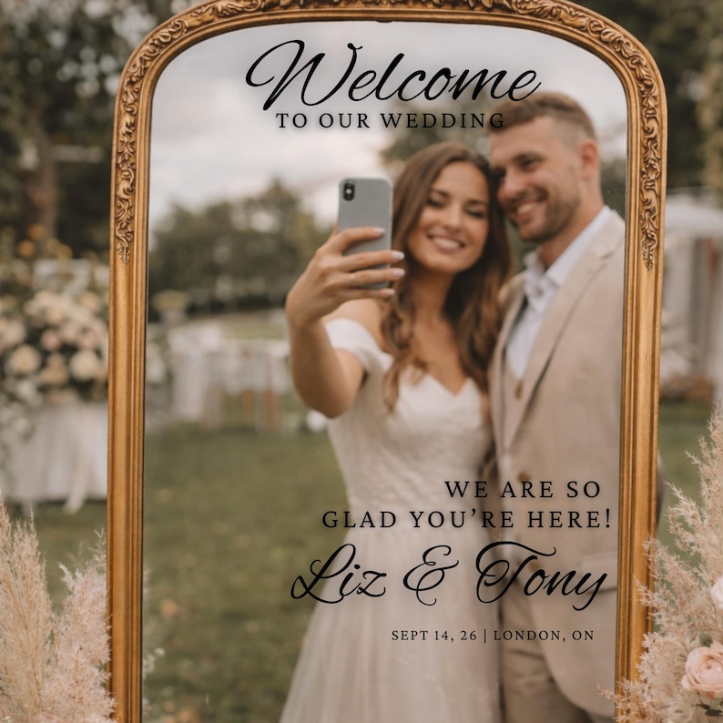 Wedding Mirror Decal, Custom Welcome Sign Sticker, Personalized Selfie Mirror Sign, Reception Entrance Decor, DIY Wedding Vinyl image 2