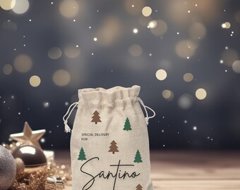 Personalized Santa Sack | Rustic Christmas Tree Theme |Custom Name Burlap Christmas Gift Bag