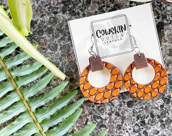 Tan Leather Basketweave Circle Earrings