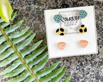 Set of 3 Printed Leather Stud Earrings, 1/2" stud earrings, youthful stud earrings, organic shape earrings