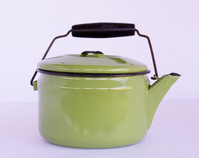 Avocado Green Enamelware Tea Kettle With Lid Etsy