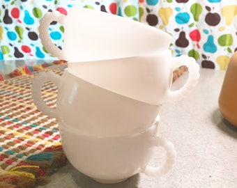 Milk Glass Tea Cups Set of 4 with beaded ring handles or bubble handles