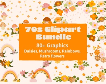 Retro Clipart Bundle, 70s Clipart, Daisy Clipart, Flower Clipart, Mushroom Clipart, Mushrooms, Groovy Clipart, Boho Clipart, Funky Clipart