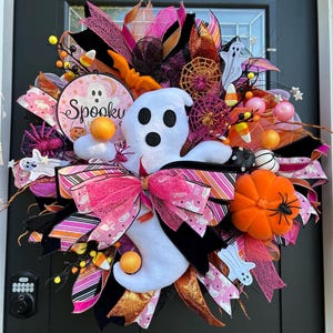XL Pink Halloween Wreath: Ghost & Orange Sequins, Glows in the Dark