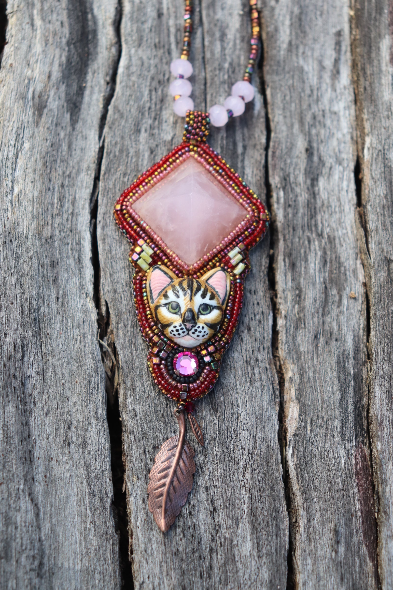 Bengal Cat Necklace, Rose Quartz Pyramid, Porcelain hand painted Bengal cat, Swarovski crystals, Japanese seed beads, bead embroidery