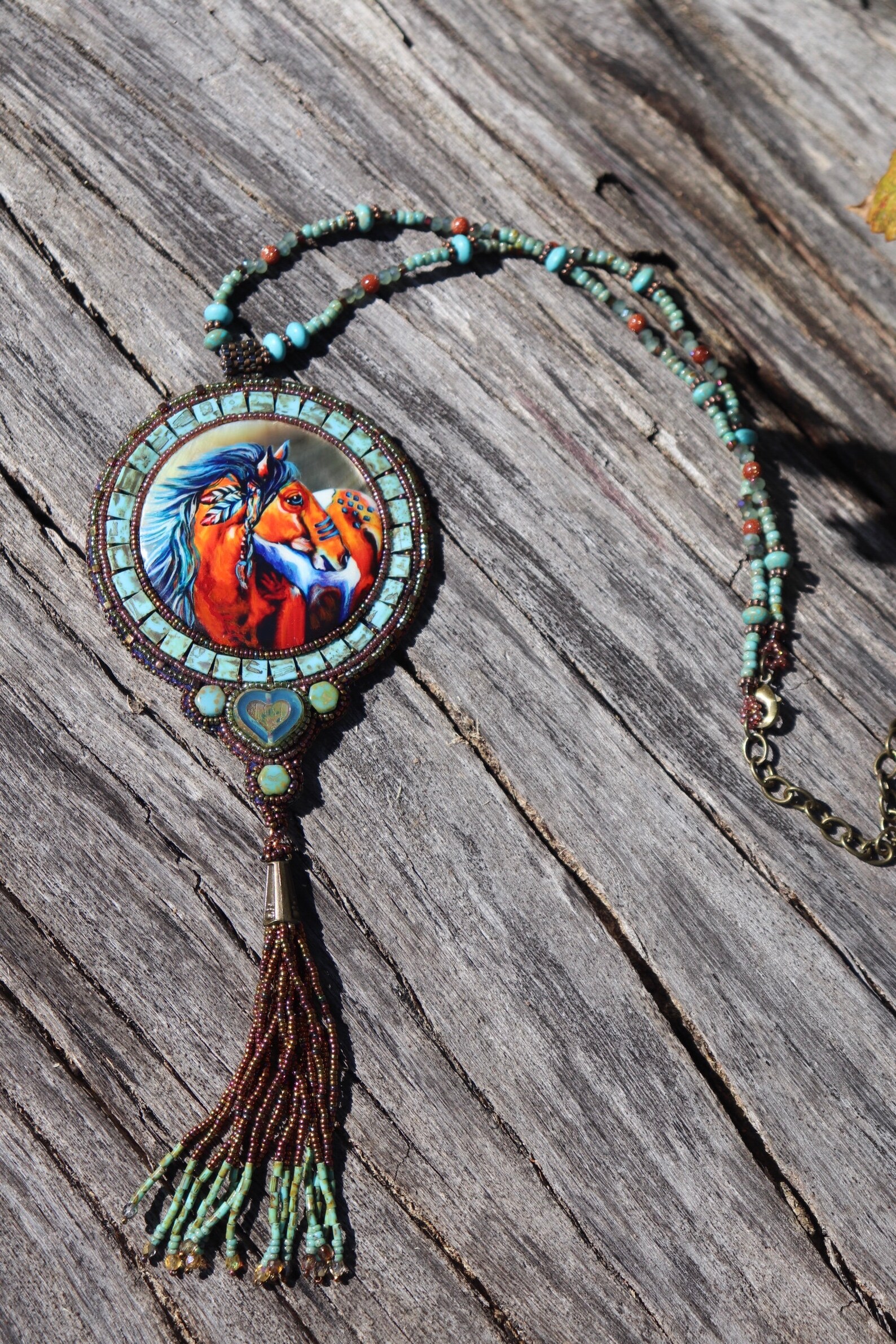 Argo Bead Embroidered Necklace Hand painted shell Horse Etsy